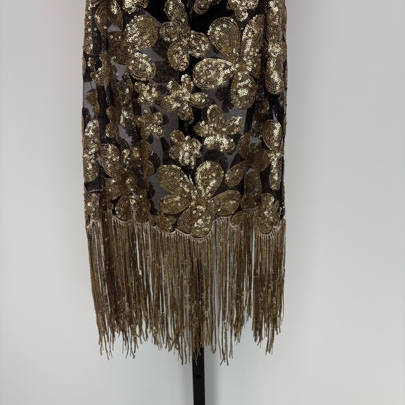 For Love & Lemons gold black colette sequin mini dress with fringe hem Size: XS - Picture 9 of 11